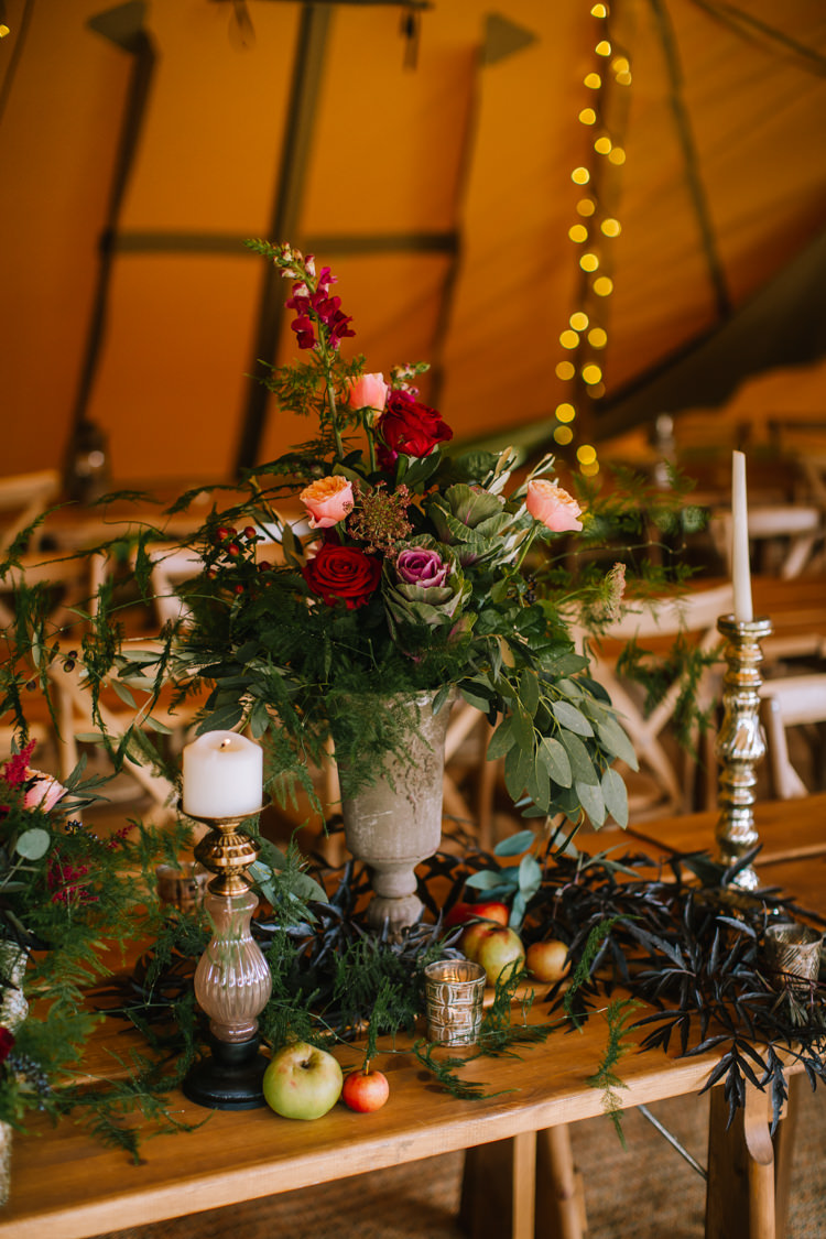 Tablescape Table Rustic Fruit Flowers Props Lighting Urn Tall Red Edgy Seasonal Autumnal Tipi Wedding Ideas http://www.sambennettphotography.co.uk/
