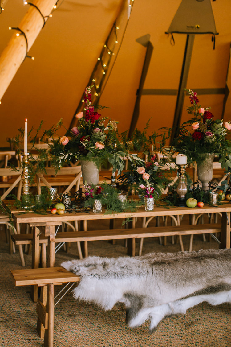 Tablescape Table Rustic Sheepskin Flowers Props Lighting Edgy Seasonal Autumnal Tipi Wedding Ideas http://www.sambennettphotography.co.uk/