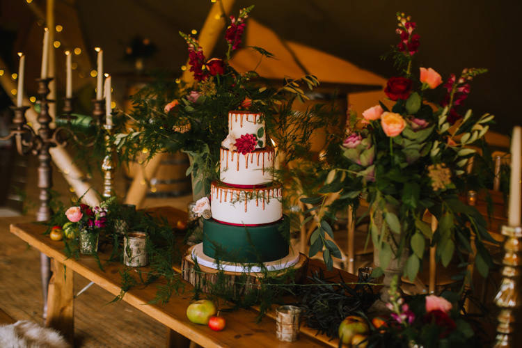 Drip Cake Red Green Tablescape Table Rustic Fruit Flowers Props Lighting Edgy Seasonal Autumnal Tipi Wedding Ideas http://www.sambennettphotography.co.uk/