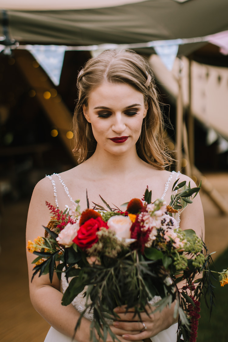 Bouquet Flowers Bride Bridal Red Rose Astilbe Greenery Foliage Edgy Seasonal Autumnal Tipi Wedding Ideas http://www.sambennettphotography.co.uk/