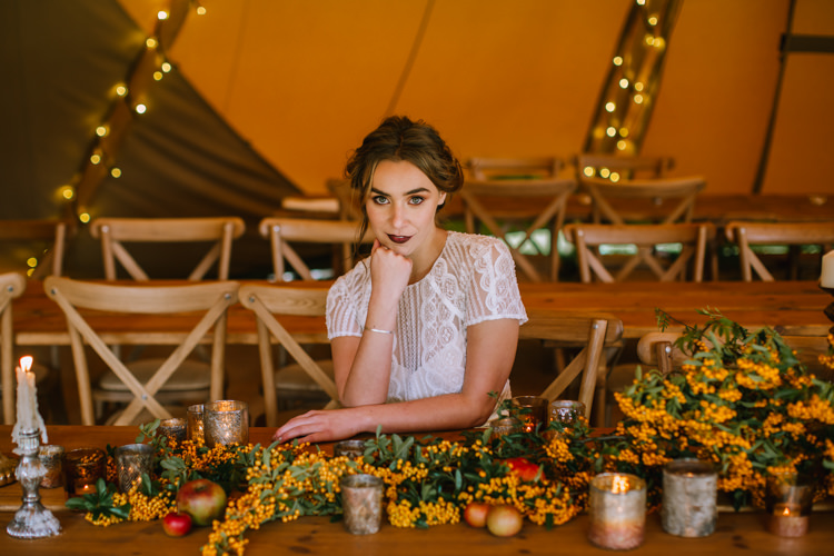 Tablescape Table Rustic Fruit Flowers Props Lighting Edgy Seasonal Autumnal Tipi Wedding Ideas http://www.sambennettphotography.co.uk/
