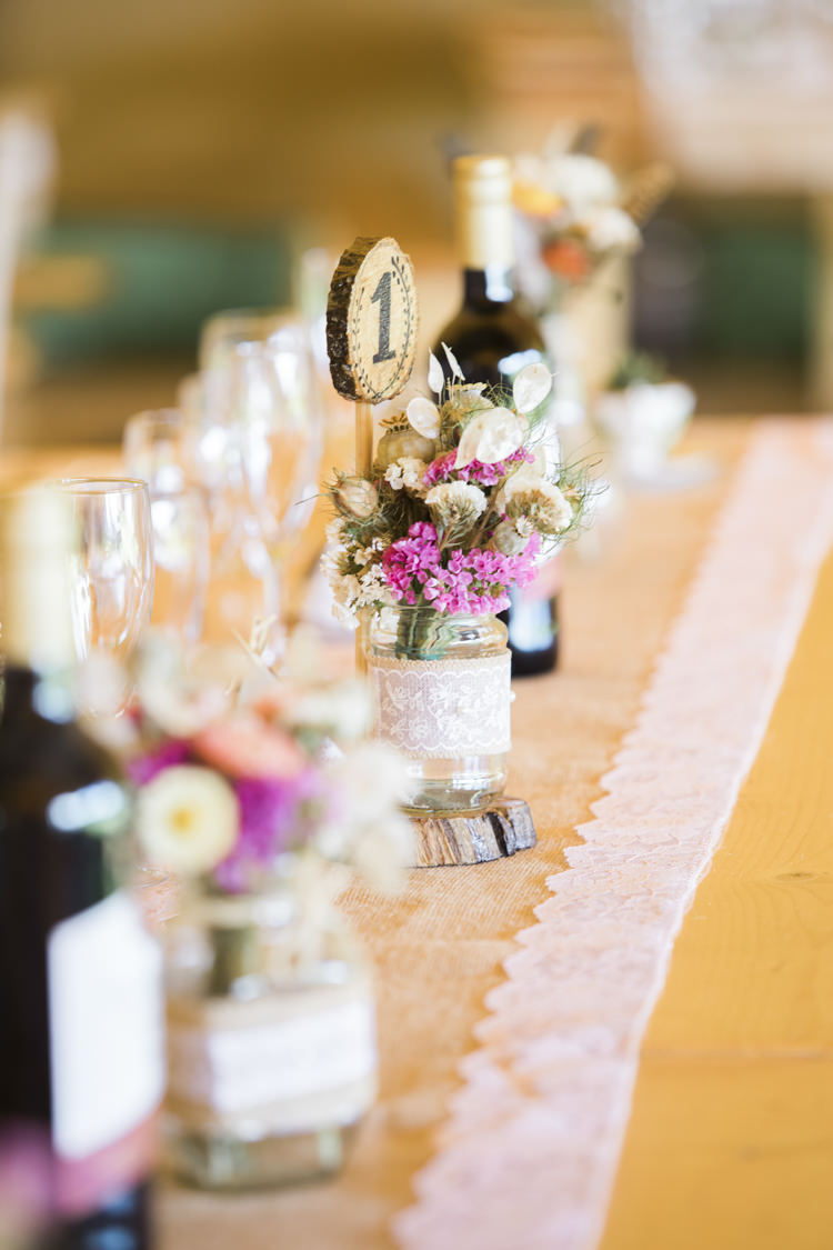 Hessian Lace Burlap Flowers Jars Log Table Number Unique Country Farm Tipi Wedding http://www.nataliedphotography.com/