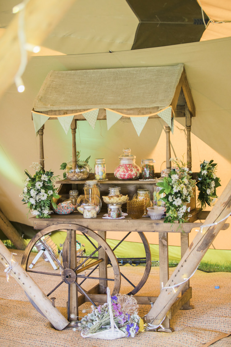 Sweets Sweetie Cart Station Bar Unique Country Farm Tipi Wedding http://www.nataliedphotography.com/