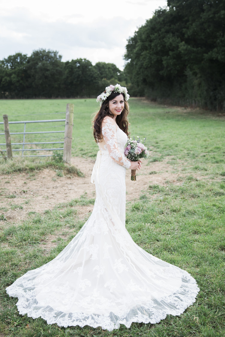 Bride Bridal Flower Crown Lace Dress Gown Train Unique Country Farm Tipi Wedding http://www.nataliedphotography.com/