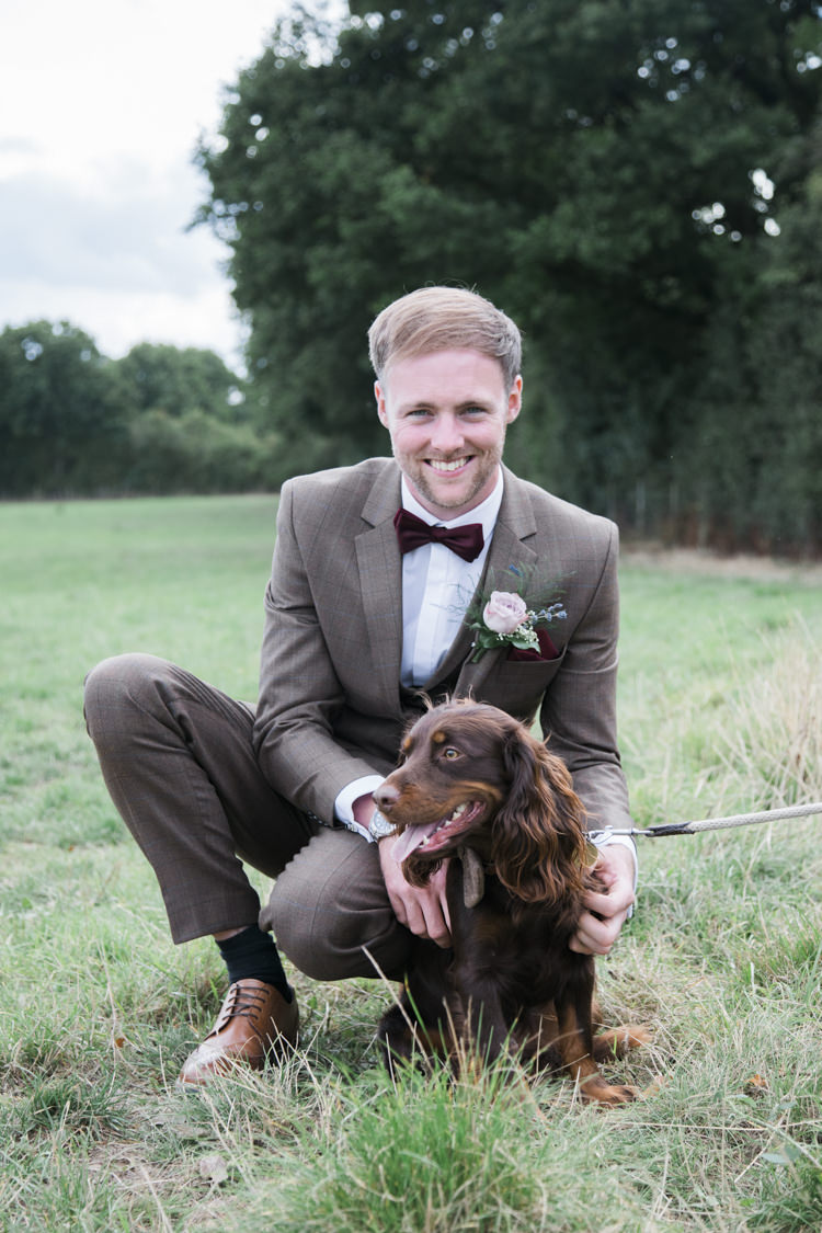 Brown Suit Groom Check Red Bow Tie Dog Pet Unique Country Farm Tipi Wedding http://www.nataliedphotography.com/