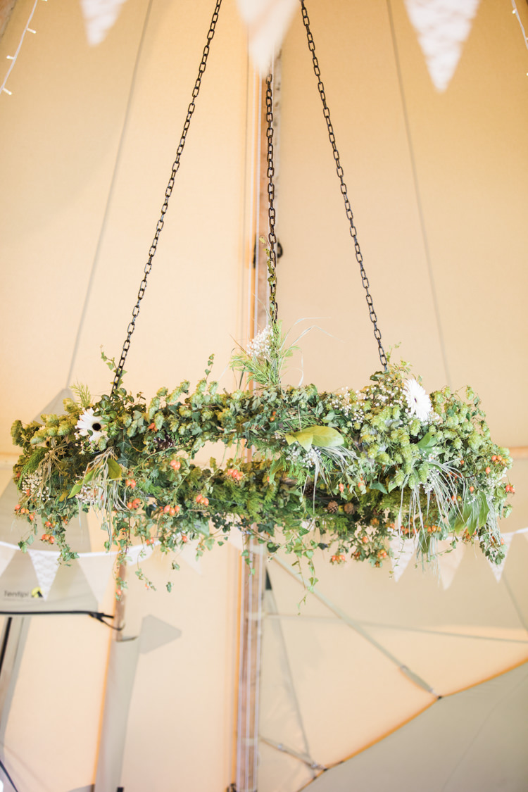 Hanging Flowers Hoop Chandelier Greenery Unique Country Farm Tipi Wedding http://www.nataliedphotography.com/