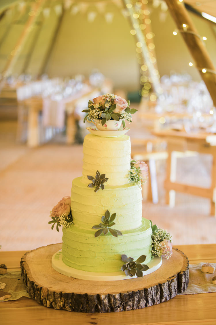 Buttercream Green Ombre Cake Log Stand Unique Country Farm Tipi Wedding http://www.nataliedphotography.com/