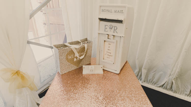 Card Post Box Gift Table Rose Gold Sequins Greenery Musical Wedding https://www.jademaguirephotography.uk/