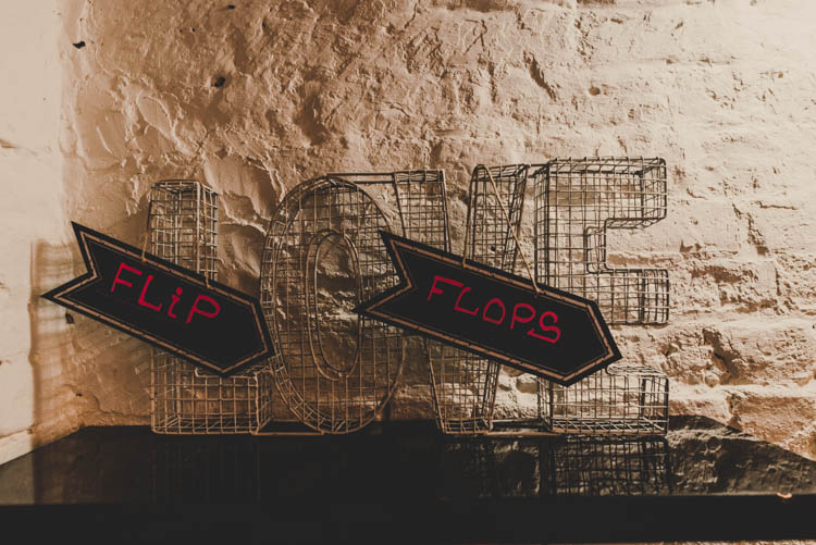 Love Wire Mesh Sign Flip Flops Dance Floor Rose Gold Sequins Greenery Musical Wedding https://www.jademaguirephotography.uk/