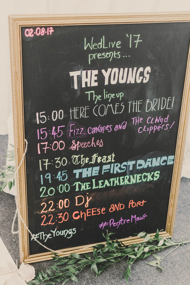 Line Up Order of the Day Blackboard Chalk Board Festival Fest Gold Frame Rose Gold Sequins Greenery Musical Wedding https://www.jademaguirephotography.uk/