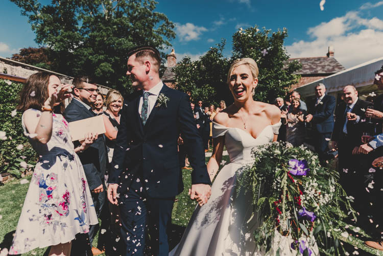 Bride Bridal Princess A Line Bardot Off the Shoulder Straps Sweetheart Neckline Ted Baker Groom Mod Suit Confetti Moment Shot Rose Gold Sequins Greenery Musical Wedding https://www.jademaguirephotography.uk/