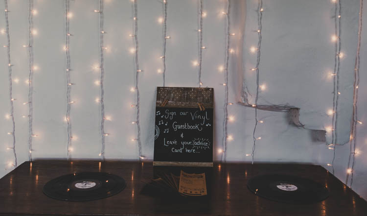 Record Vinyl Guest Book Pea Lights Fairy Rose Gold Sequins Greenery Musical Wedding https://www.jademaguirephotography.uk/