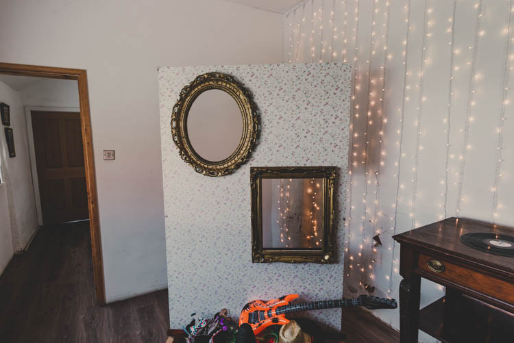 Pea Light Curtain Photo Booth Backdrop Props Rose Gold Sequins Greenery Musical Wedding https://www.jademaguirephotography.uk/