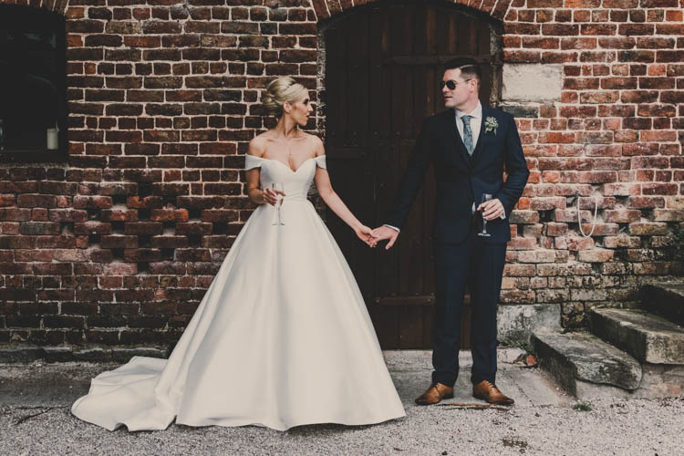 Bride Bridal Princess A Line Bardot Off the Shoulder Straps Sweetheart Neckline Ted Baker Groom Mod Suit Rose Gold Sequins Greenery Musical Wedding https://www.jademaguirephotography.uk/