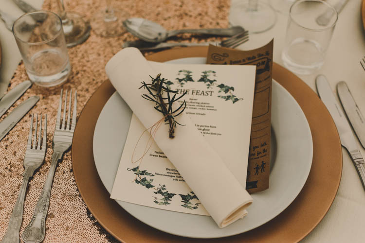 Charger Plate Rosemary Twine Rustic Menu Rose Gold Sequins Greenery Musical Wedding https://www.jademaguirephotography.uk/