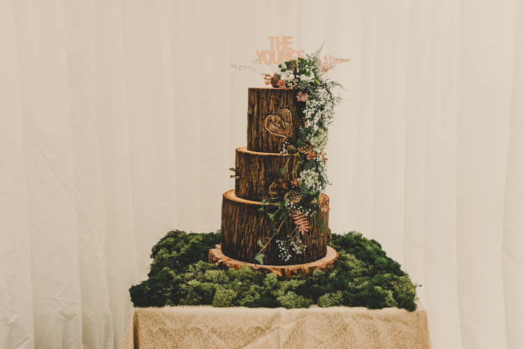Log Wood Slice Tiered Buttercream Cake Moss Table Flowers Floral Topper Rose Gold Sequins Greenery Musical Wedding https://www.jademaguirephotography.uk/
