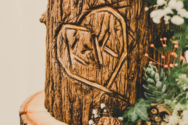 Wood Log Buttercream Cake Carving Initials Rose Gold Sequins Greenery Musical Wedding https://www.jademaguirephotography.uk/