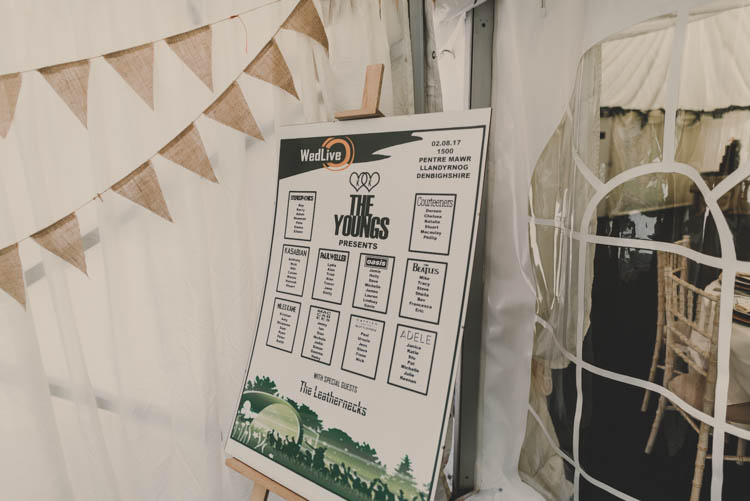 Table Plan Seating Chart Festival Fest Hessian Bunting Rose Gold Sequins Greenery Musical Wedding https://www.jademaguirephotography.uk/