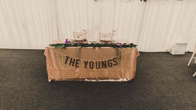 Sweetheart Table Bunting Runner Foliage Rose Gold Sequins Greenery Musical Wedding https://www.jademaguirephotography.uk/