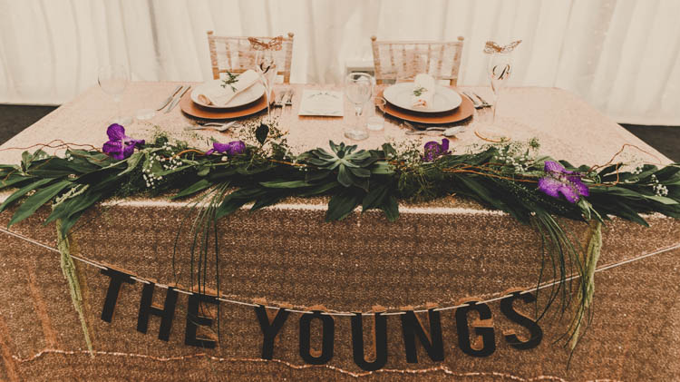Sparkly Table Cloth Foliage Runner Flowers Floral Bunting Rose Gold Sequins Greenery Musical Wedding https://www.jademaguirephotography.uk/