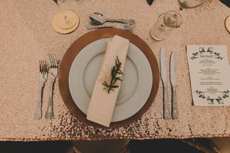 Table Setting Charger Plate Menu Rose Gold Sequins Greenery Musical Wedding https://www.jademaguirephotography.uk/