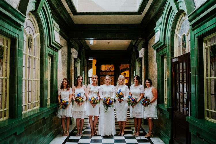 White Mismatched Bridesmaid Dresses Colourful Cool Humanist Pool Wedding http://www.stevebridgwoodphotography.co.uk/