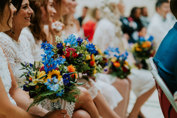 Bridesmaid Flowers Rainbow Bouquets Colourful Cool Humanist Pool Wedding http://www.stevebridgwoodphotography.co.uk/