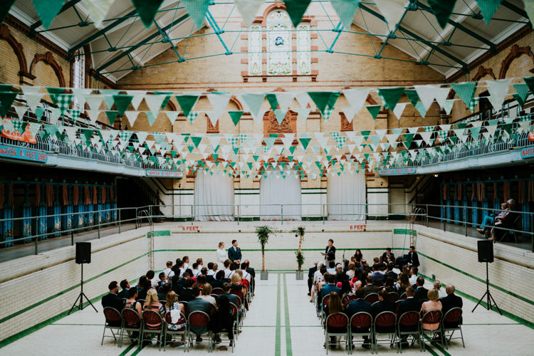 Victoria Baths Manchester Colourful Cool Humanist Pool Wedding http://www.stevebridgwoodphotography.co.uk/