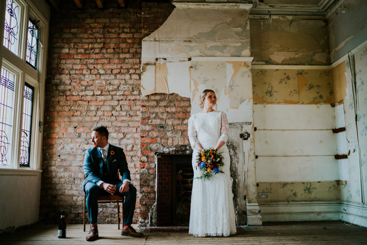Lace Dress Gown Bride Bridal Sleeves Colourful Cool Humanist Pool Wedding http://www.stevebridgwoodphotography.co.uk/