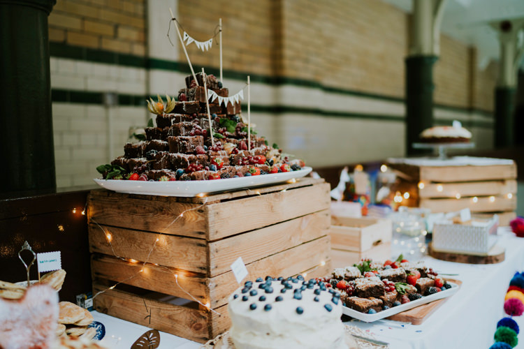 Brownie Cake Tower Colourful Cool Humanist Pool Wedding http://www.stevebridgwoodphotography.co.uk/