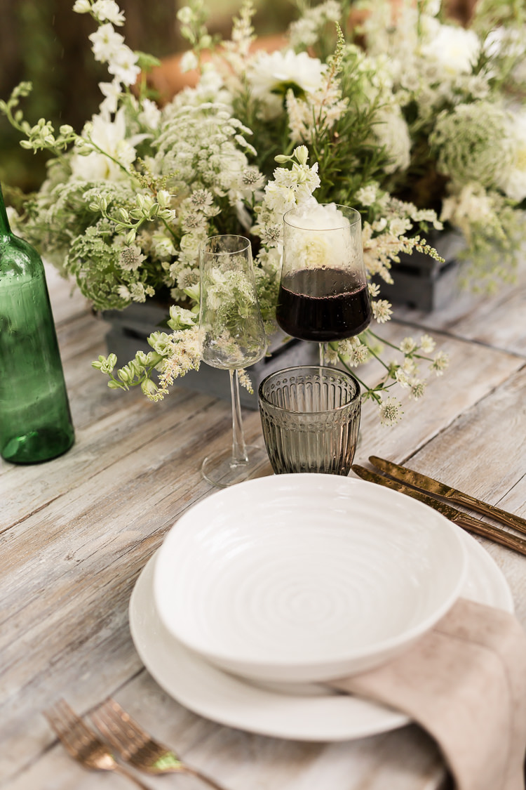 Outdoor Table Festoon Lights Tablescape Decoration White Green Plates Hessian Linen Organic Rustic Greenery Wedding Ideas http://sarahbrookesphotography.com/