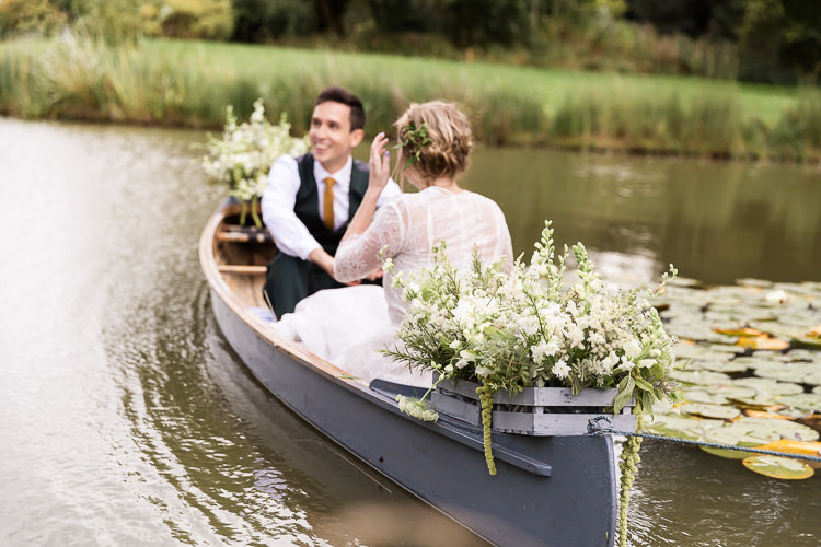 Rowing Boat Lake Bride Groom Flowers Crates Organic Rustic Greenery Wedding Ideas http://sarahbrookesphotography.com/