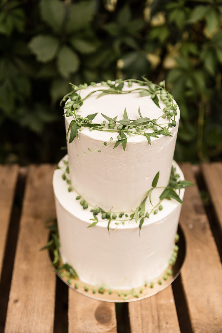 Smooth Buttercream Cake Foliage Green White Organic Rustic Greenery Wedding Ideas http://sarahbrookesphotography.com/