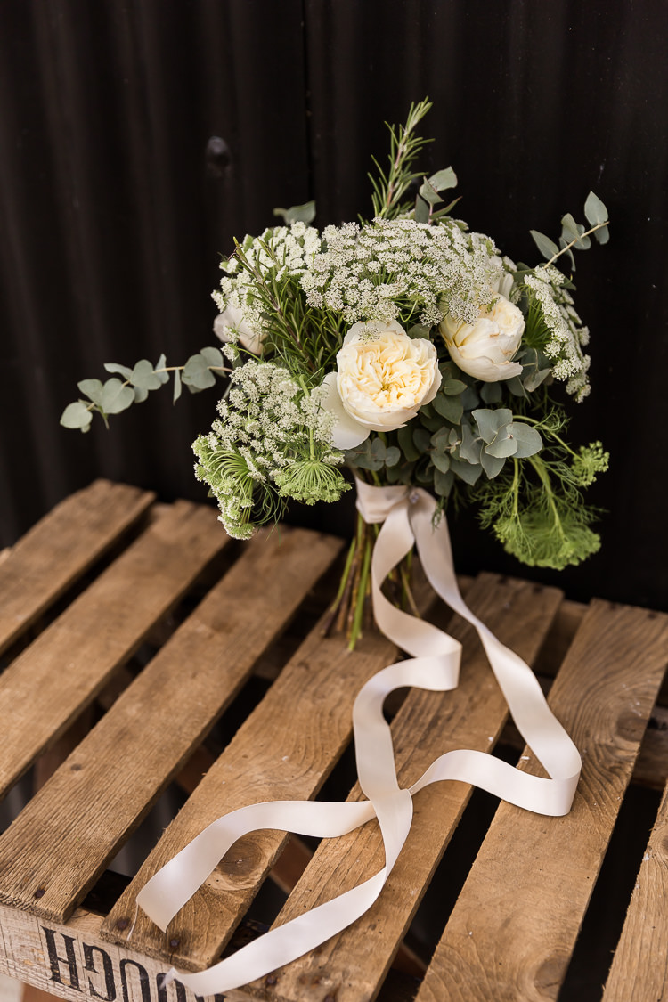 Bouquet Flowers White Green Bride Bridal Ribbon Eucalyptus Rose Rosemary Organic Rustic Greenery Wedding Ideas http://sarahbrookesphotography.com/