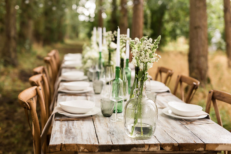 Outdoor Table Festoon Lights Tablescape Decoration White Green Organic Rustic Greenery Wedding Ideas http://sarahbrookesphotography.com/