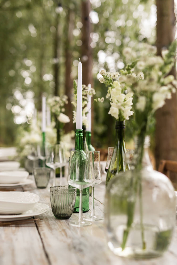 Outdoor Table Festoon Lights Tablescape Decoration White Green Candles Flowers Bottles Organic Rustic Greenery Wedding Ideas http://sarahbrookesphotography.com/