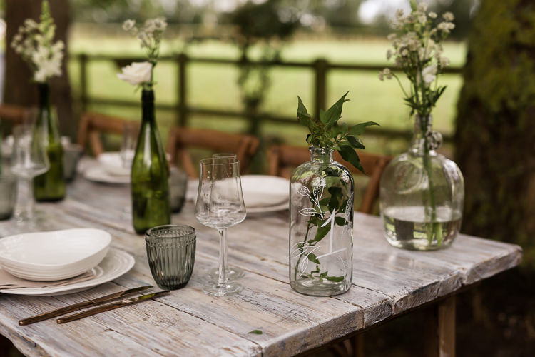 Outdoor Table Festoon Lights Tablescape Decoration White Green Flowers Bottles Organic Rustic Greenery Wedding Ideas http://sarahbrookesphotography.com/