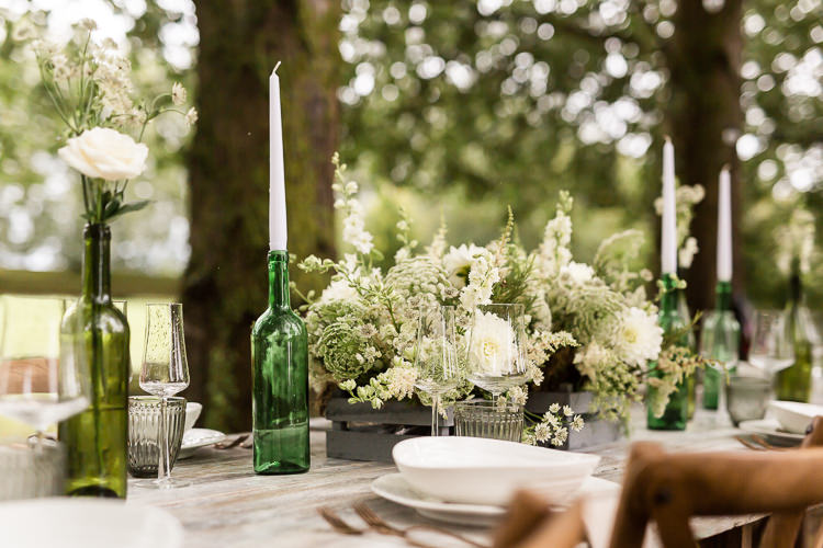 Outdoor Table Festoon Lights Tablescape Decoration White Green Crate Flowers Organic Rustic Greenery Wedding Ideas http://sarahbrookesphotography.com/