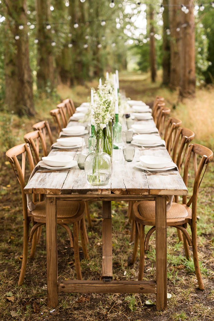 Outdoor Table Festoon Lights Tablescape Decoration White Green Organic Rustic Greenery Wedding Ideas http://sarahbrookesphotography.com/