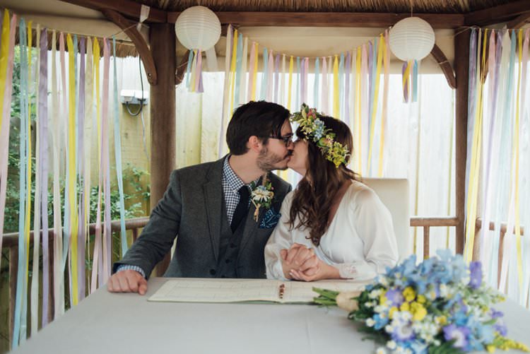 Bride Bridal Flower Crown Wildflower Bouquet Meadow long Sleeve Silk Dress 70s Grey Tweed Suit Paper Lanterns Ribbon Tassles Adventurous Festival Bohemian Wedding https://libertypearlphotography.com/