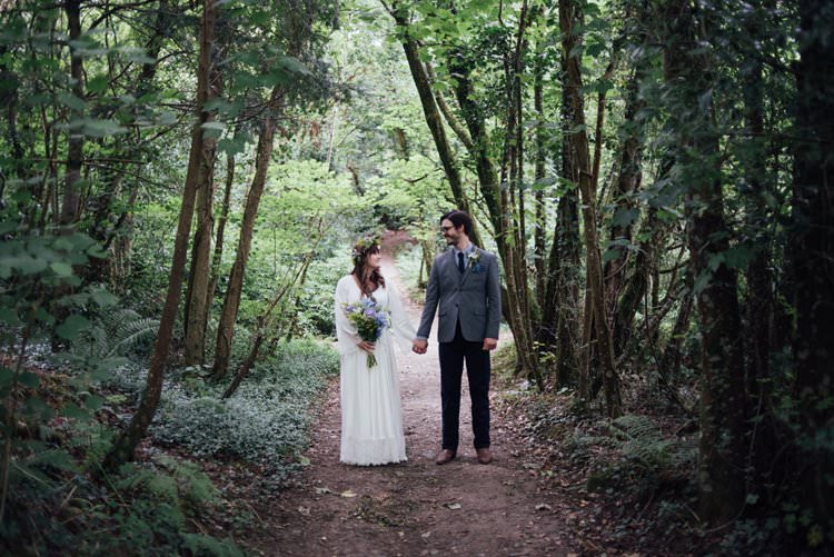 Bride Bridal Flower Crown Wildflower Bouquet Meadow long Sleeve Silk Dress 70s Grey Tweed Suit Navy Trousers Gingham Shirt Blue Adventurous Festival Bohemian Wedding https://libertypearlphotography.com/