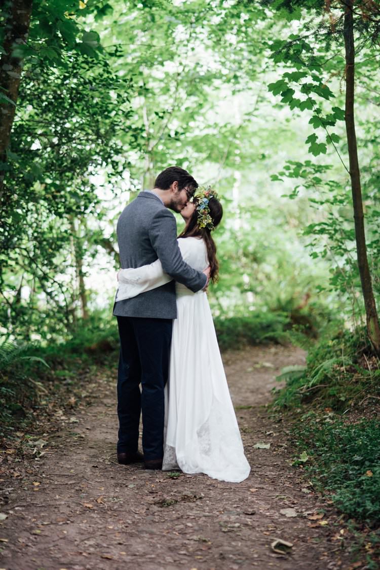 Bride Bridal Flower Crown Wildflower Bouquet Meadow long Sleeve Silk Dress 70s Grey Tweed Suit Navy Trousers Gingham Shirt Blue Adventurous Festival Bohemian Wedding https://libertypearlphotography.com/