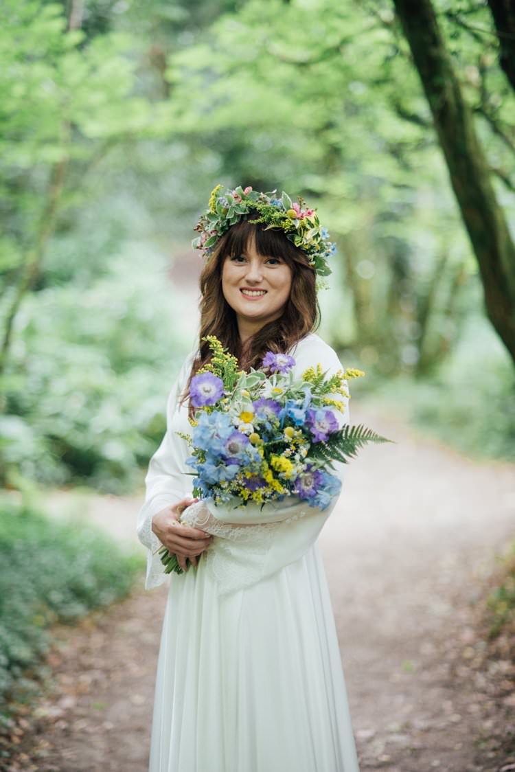 Bride Bridal Flower Crown Wildflower Bouquet Meadow long Sleeve Silk Dress 70s Adventurous Festival Bohemian Wedding https://libertypearlphotography.com/