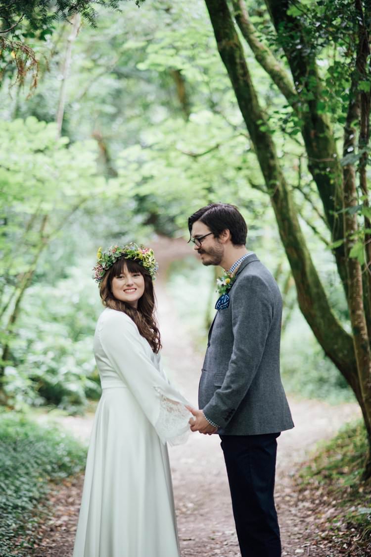 Bride Bridal Flower Crown Wildflower Bouquet Meadow long Sleeve Silk Dress 70s Grey Tweed Suit Navy Trousers Gingham Shirt Blue Adventurous Festival Bohemian Wedding https://libertypearlphotography.com/