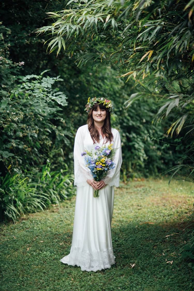 Bride Bridal Flower Crown Wildflower Bouquet Meadow long Sleeve Silk Dress 70s Gown Adventurous Festival Bohemian Wedding https://libertypearlphotography.com/