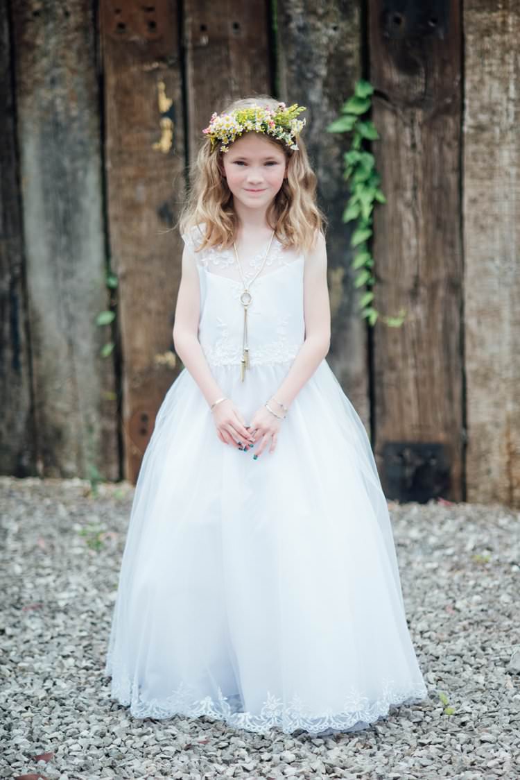 Flower Girl Flower Crown Meadow Wildflower White Dress Tulle PrinAdventurous Festival Bohemian Wedding https://libertypearlphotography.com/