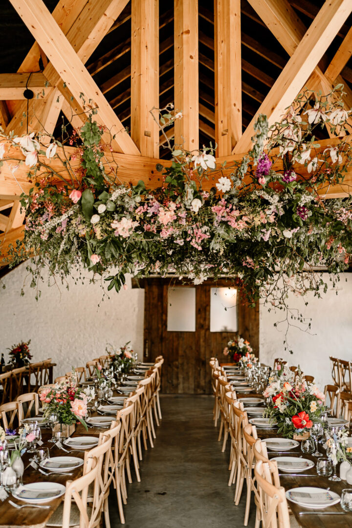 Spring Barn Flowers Wedding Decor Beams Hayley Baxter Photography