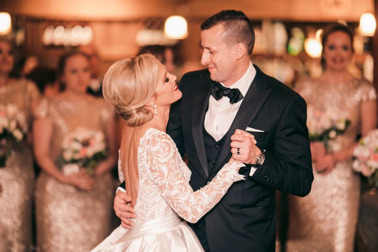 Winter Barn Bride Groom First Dance Smile Bridesmaids Sequins | Festive Glamour Christmas New Years Eve Wedding http://www.stevendrayimages.com/