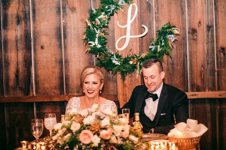 Bride Groom Top Table Bespoke Monogram Winter Wreath | Festive Glamour Christmas New Years Eve Wedding http://www.stevendrayimages.com/