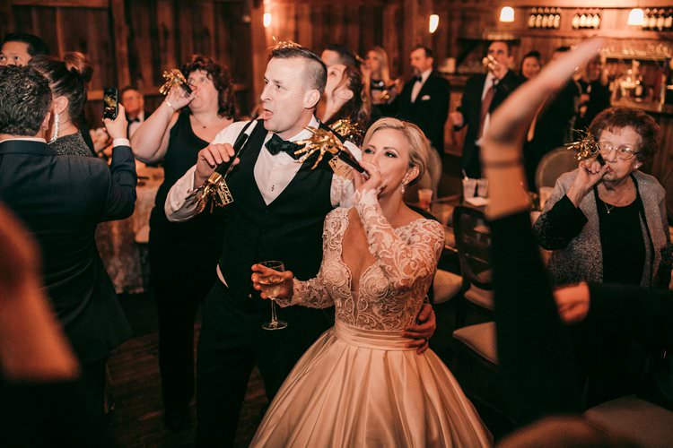 Happy New Year Foil Trumpet Bride Groom Barn Party | Festive Glamour Christmas New Years Eve Wedding http://www.stevendrayimages.com/
